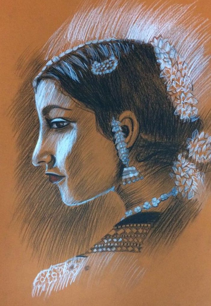 Profile portrait of a bride on warm toned paper — dark hair dressed with white flowers, jewelry at the ear and neck, drawn in chalk and pencil.