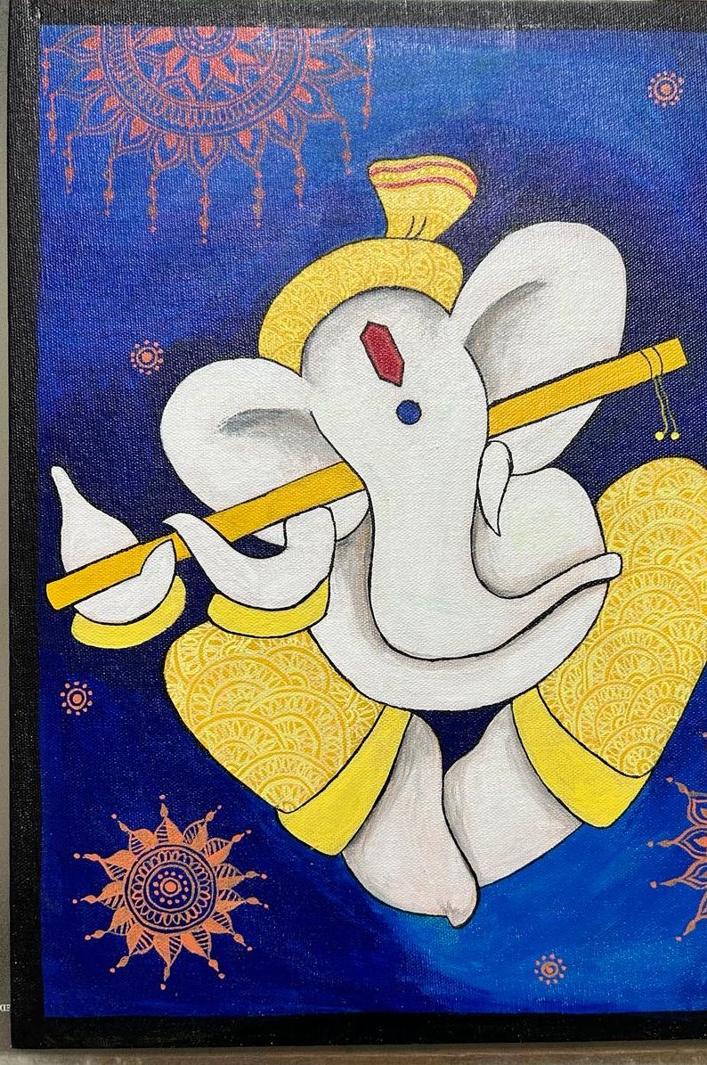 Ganesha in white and gold playing the flute against a deep blue field, framed by copper mandala patterns in each corner.