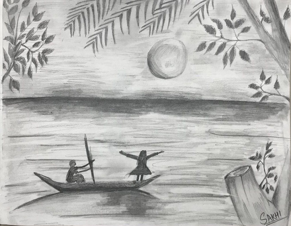 Graphite drawing of two figures in a small boat under a full moon — one rowing, one standing with arms spread wide — framed by hanging leaves.