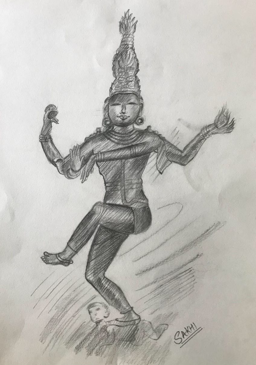 Graphite study of Shiva as Nataraja, lord of the dance — one leg raised, four arms in motion, tall crown of flame.