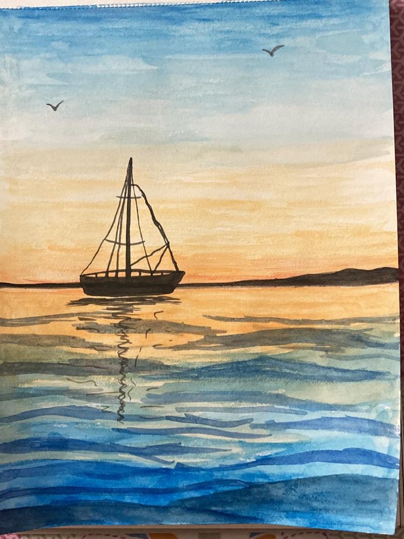 Watercolor of a lone sailboat resting on layered blue waves at sunset, gulls overhead, painted in a spiral-bound sketchbook.