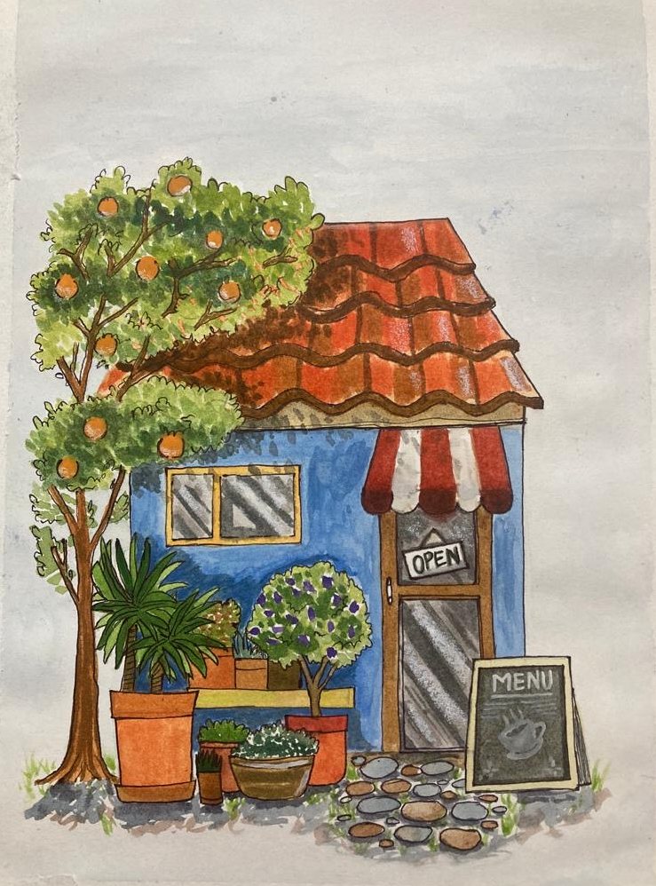 A little blue café with a red tiled roof and striped awning, an OPEN sign on the door, potted plants and an orange tree out front.