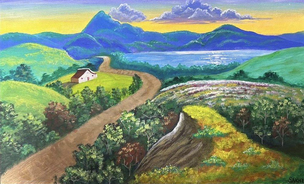 A dirt road winds past a small white farmhouse toward a lake and blue mountains under a yellow sky, between hills of wildflowers.