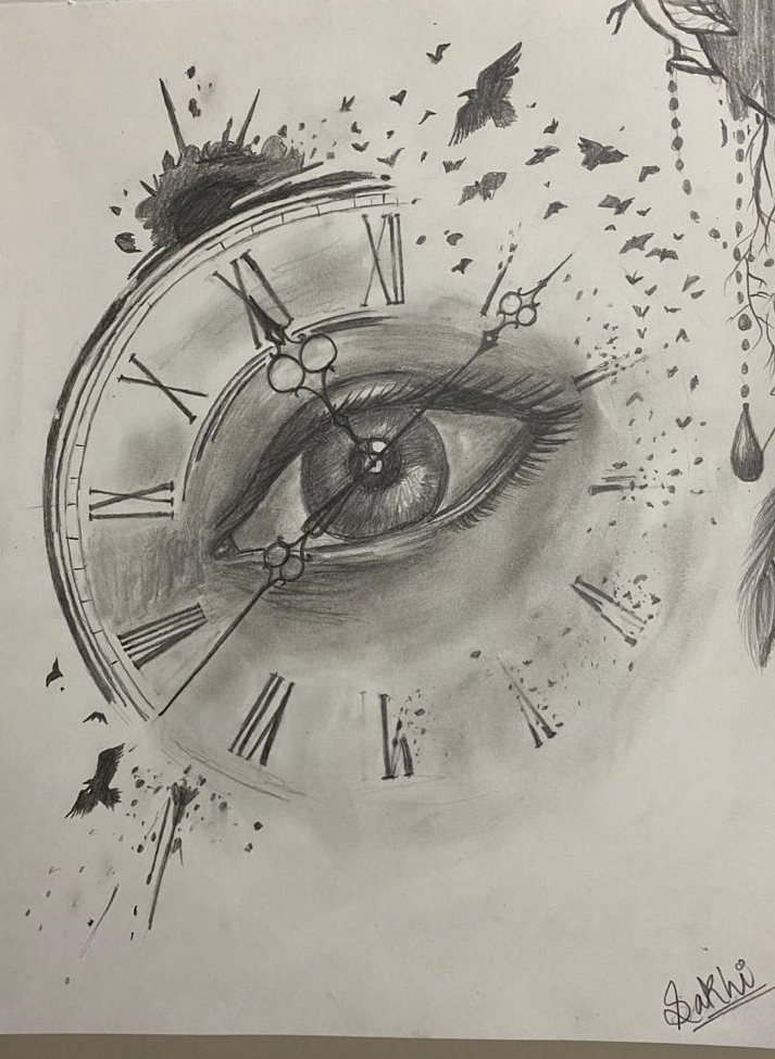 Graphite drawing of a human eye set inside a Roman-numeral clock face, its edge dissolving into a flock of birds and ink splatter.