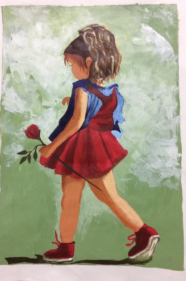 A small girl in a red dress and red sneakers walks away across a soft green ground, trailing a single rose from one hand.